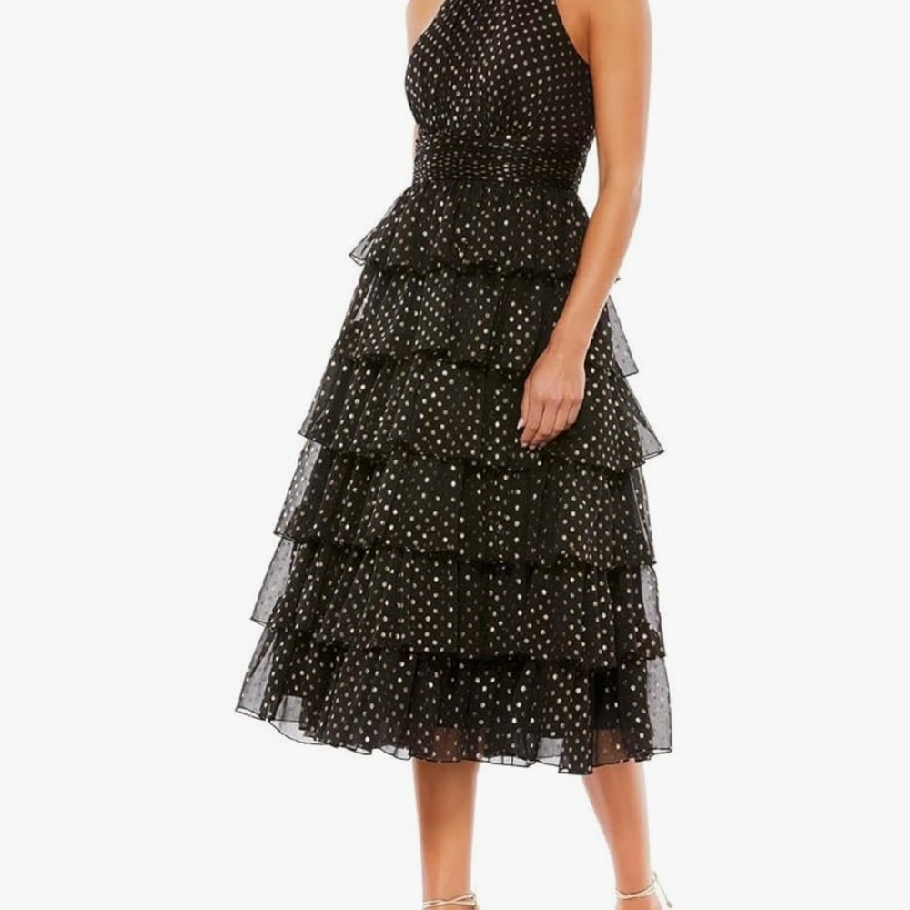 Mac Duggal Black and White Tiered Ruffled Midi Dress